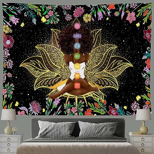 Ine Ive African Chakra Tapestry African American Woman Zen Meditation Tapestries 80x60 Inch Starry Sky Flower Garden Inspirational Afro Yoga Wall Art for Bedroom Dorm Decor - size: 80"L x 60"W