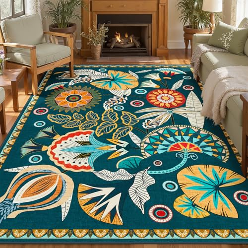 Joydeco Egypt Floral Washable Living Room Rugs 9x12, Dark Green Large Boho Bedroom Dining Room Rug Non Slip, Vintage Low Plie Indoor Throw Rug for Dining Room Nursery Dorm Classroom - color: Dark Green, size: 8'11" x 12' (Rectangular)