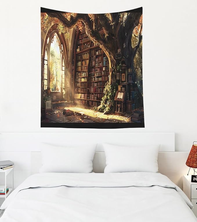 EMMTEEY Library Bookshelf Art Tapestry 50X60 Inch - Large Tree Bathroom Wall Decor Medieval Dark Academia Backdrop for Study Room Office