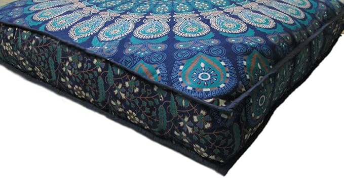 INDIAN CRAFT CASTLE 24" Blue Peacock Mandala Barmeri Large Floor Pillow Cover Cushion Meditation Seating Ottoman Throw Cover Hippie Decorative Zipped Bohemian Pouf Ottoman Pom Pom Cases 24" Square