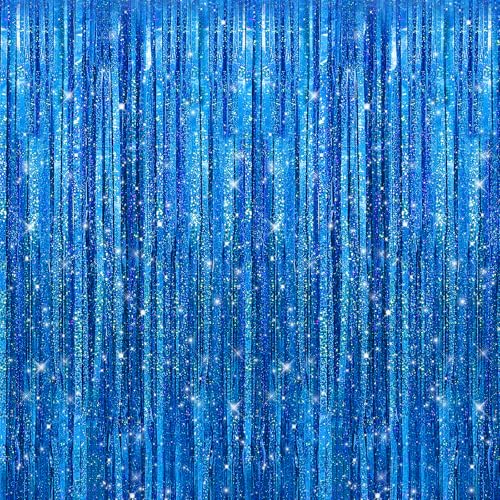 Crosize 2 Pack 3.3 x 9.9 ft Laser Royal Blue Foil Fringe Curtains Party Decorations,Tinsel Curtain Backdrop for Parties, Door Streamers, Glitter Streamer Backdrop for Birthday Decoration - color: Laser Royal Blue, size: 2 Pack