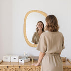 sawsile Rattan Mirror,31.5x25.2 Irregular Boho Bathroom Rattan Farmhouse Wicker Asymmetrical Wood Wall Mirror for Nursery,Bathroom,Living Room,Washroom