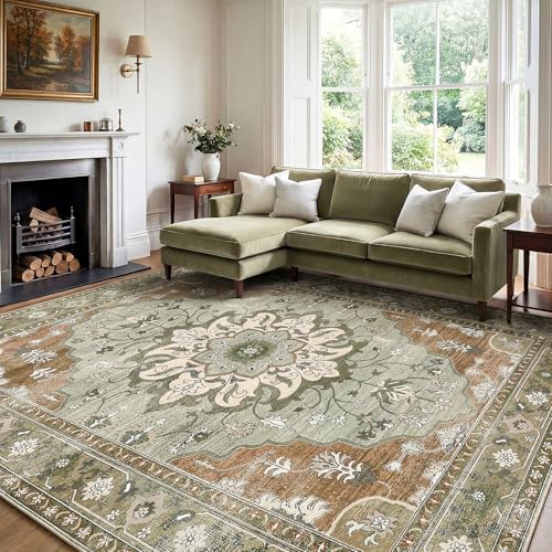 9x12 Area Rugs for Living Room, Machine Washable Boho Vintage Rug, Waterproof Surface & Non-Slip Backing, Foldable Soft Low Pile Floral Medallion Carpet for Bedroom Dining Room - color: Green/Orange, size: 9' x 12' (Rectangular)