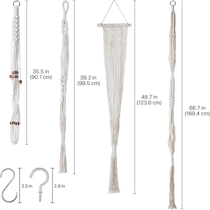 Flexzion Hanging Macrame Plant Holder - 4-Set Pot Hangers for Plants, Boho Hanging Planters for Indoor Use, Handwoven Cotton Rope Plant Hanger Set with C & S Hooks (Plant & Pot Not Included)