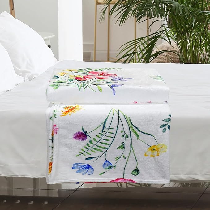 Colorful Wildflowers Throw Blanket Botanical Plant Bed Blanket Watercolor Floral Flower Blankets Soft Flannel Fleece Throw Blanket Boho Cozy Fluffy Plush Blankets 50" X 60"