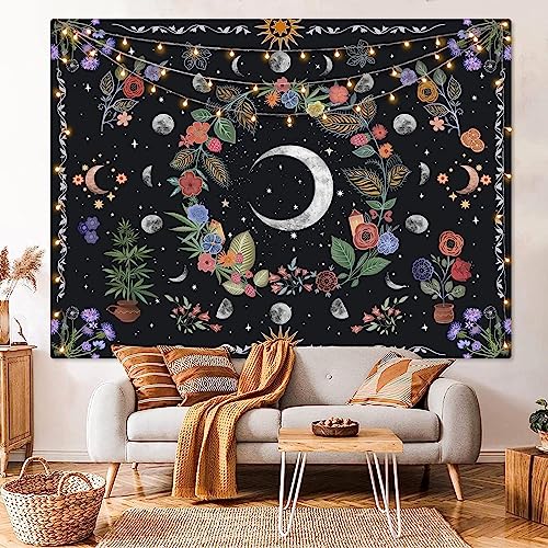 Kanuyee Floral Moon Tapestry Flower Tapestry for Bedroom Boho tapestries Wall Hanging Aesthetic for Bedroom and Living Room Moon 60×80 Inches - color: Colorful Black, size: 80"L x 60"W