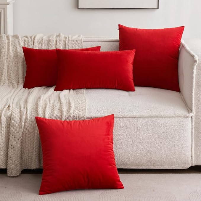 MIULEE 24x24 Inch Euro Sham Velvet Pillow Covers, Set of 2 Large Square Christmas Decorative Pillows -Bright Red Super Soft for King Bed, Sofa, Couch, Accent Chairs