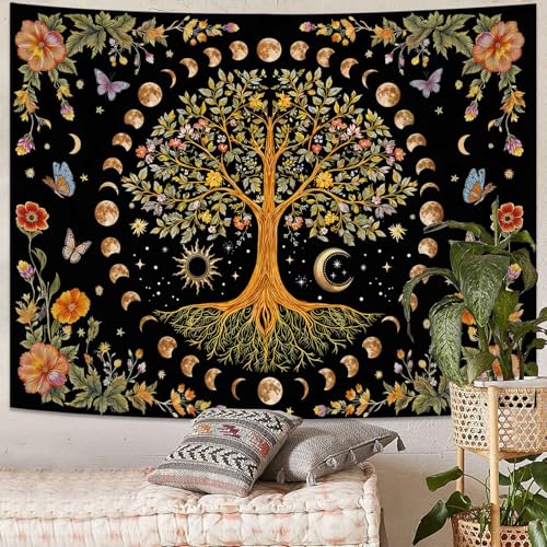 Lunerfex Tree of Life Wall Tapestry - Celestial Moon Phase & Sun Wall Hanging for Bedroom and Living Room Decor - Boho Spiritual Tapestries 80"x60" - color: Black Blue, size: 80"L x 60"W