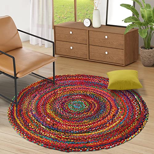 GRUHUM Round Cotton Area Rug 6ft Natural Fiber Multicolour Chindi Handmade Boho Farmhouse Soft Braided Rustic Vintage EcoFriendly Rug for Indoor Kitchen Bedroom Living Hallways Enterway 6' ft Circle - color: Multi Color- 27, size: 6' (Round)