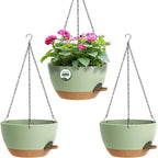 3 Pack 10 Hanging Flower Pots with Chains Self Watering Plastic Planters for Indoor Outdoor Plants, Sturdy Triangular Iron Chain Design for Garden PorchPlastic hanging flower pots (3, Green Brown)