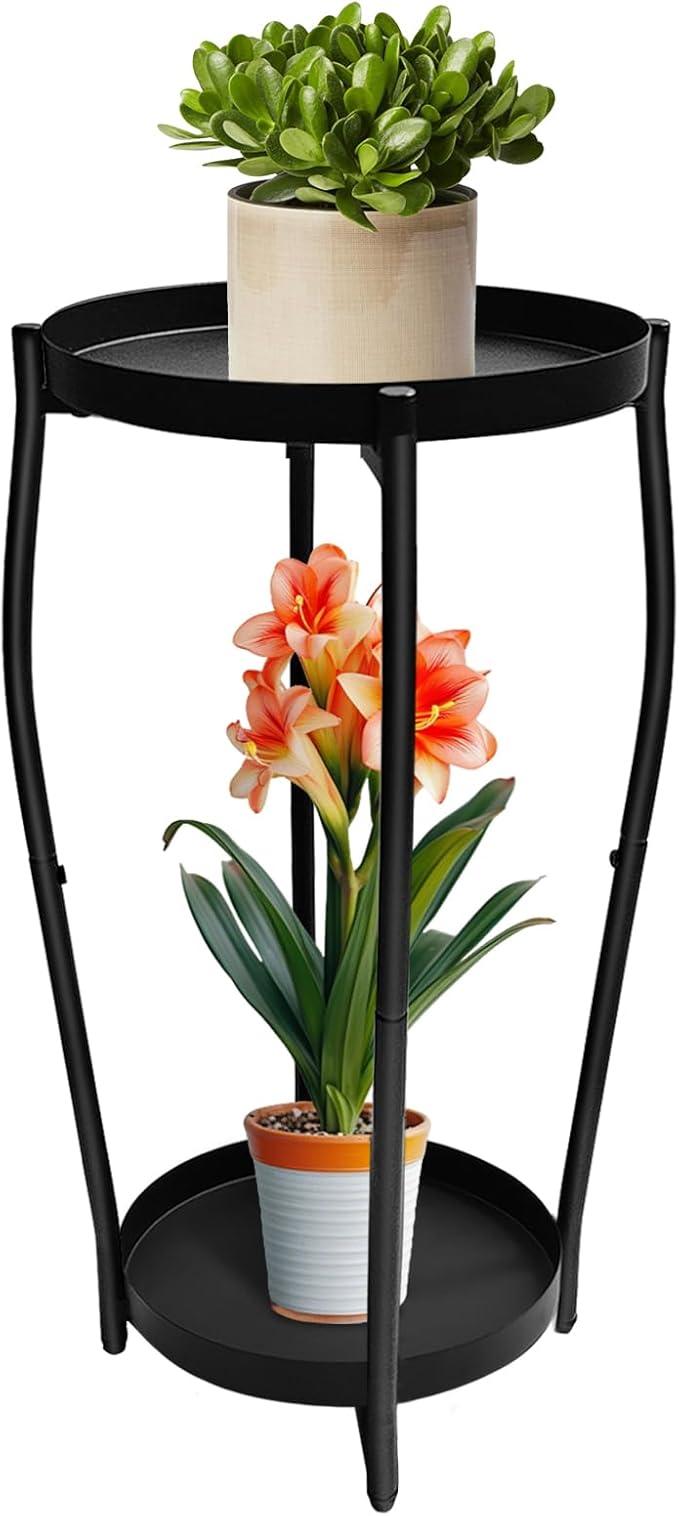 Plant Stand Indoor, 2 Tier Tall Wood Plant Stand, 4-Leg Floor Corner Plant Stands, Heavy Duty Plant Shelf Plant Rack Flower Stands For Home Decor (B - Black)