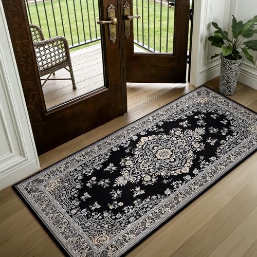 HOMORE Vintage Runner Rug-2x5 Hallway Runner Rug for Entryway Non Slip Washable Bedroom Rug Faux Wool Low Pile Floor Carpet Runner for Kitchen Indoor Front Entrance Laundry Living Room Dorm, Black - color: Black, size: 2' x 5' (Rectangular)