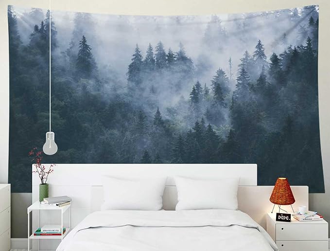 EMMTEEY Forest Tapestry Wall Hanging Wall Art Tapestry Misty Foggy Mountain Landscape with Fir Small Tapestry 60X40 Tapestry for Bedroom Living Room