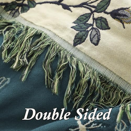 Snycler Boho Throw Blanket for Bed - 100% Cotton Ultra Soft Rustic Quilt - Blue Green Floral Printed Farmhouse Decor Bed Blankets, 80"×90" All Season Rustic Throw for Sofa Couch Chair - color: Blue Green Floral, size: 80"x90"