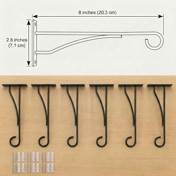 8" Plant Hangers 6 Pack, Hanging Plant Bracket for Wall Fence Porch Outdoor Indoor, Metal Plant Hooks for Basket, Flower, Planter, Feeder, Lantern, Wind Chime