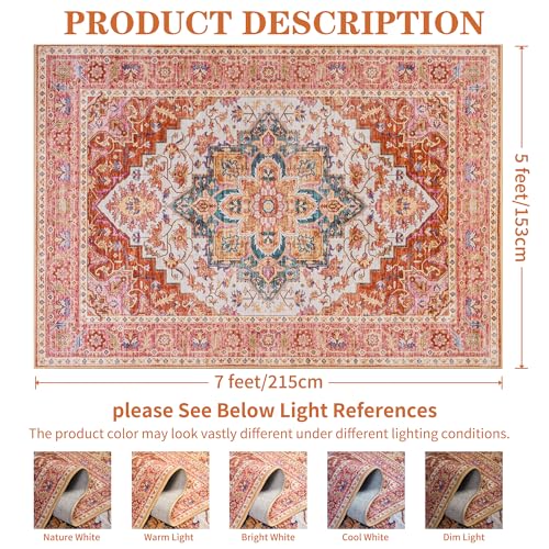 Foxmas 5x7 Area Rugs for Living Room, Machine Washable Vintage Rug, Non-Slip Low Pile Throw Rugs with Rubber Backing Washable Carpet for Bedroom Dining Room Kitchen Home Decor, Orange - color: Orange, size: 5' X 7' (Rectangular)
