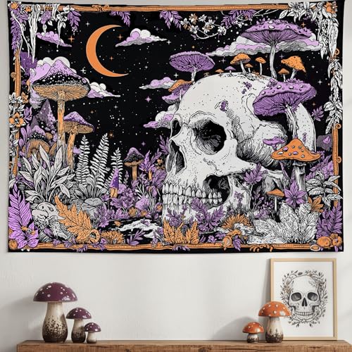 Accnicc Mushroom Skull Tapestry Gothic Skeleton Vintage Plant Tapestries Wall Hanging Botanical Witchy Horror Small Tapestry for Bedroom Living Room Dorm 48 x 36 inch - color: Purple White, size: 48"L x 36"W