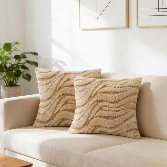 Khaki Couch Pillow Covers 20" x 20" Striped Elegant Fluffy Decorative Pillow Covers Set Faux Fur Boho Texture Throw Pillow Covers Decor for Sofa Chair Livingroom - 2 Pieces