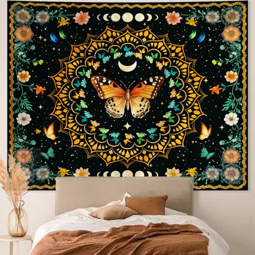 Apdidl Boho Mandala Butterfly Floral Tapestry for Bedroom, Hippie Moon Ceiling Colorful Plant Flower Tapestries Aesthetic, Bohemia Vintage Orange Moth Botanical Wall Hanging for Living Room 79" X 60" - color: Mandala Butterfly Tapestry, size: 79"L x 60"W