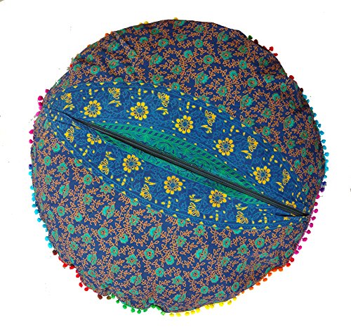 Rastogi Handicrafts 32" COR Mandala Floor Pillow Cushion Seating Throw Cover Bohemian Ottoman Poufs, Pom Pom Pillow Cases,Boho Indian (Dark Blue) - color: Dark Blue