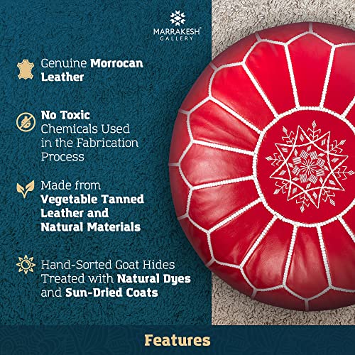 Marrakesh Gallery Genuine Leather Round Pouf Unstuffed - Moroccan Ottoman Footstool, Footrest Cover - Boho Decor - Bohemian Living Room, Bedroom, Kids Room, Gift & Wedding - color: Red
