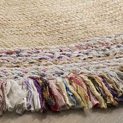 SAFAVIEH Cape Cod Collection Area Rug - 5' Round, Ivory & Light Beige, Handmade Boho Fringe Jute & Cotton, Ideal for High Traffic Areas in Living Room, Bedroom (CAP205B)