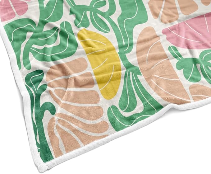Boho Abstract Colorful Floral Throw Blanket, Vintage Retro Patchwork Pink Green Flower Botanical Geometric Aesthetic Groovy Flannel Throw Blanket for Chair Bed Sofa Couch, 50X60IN