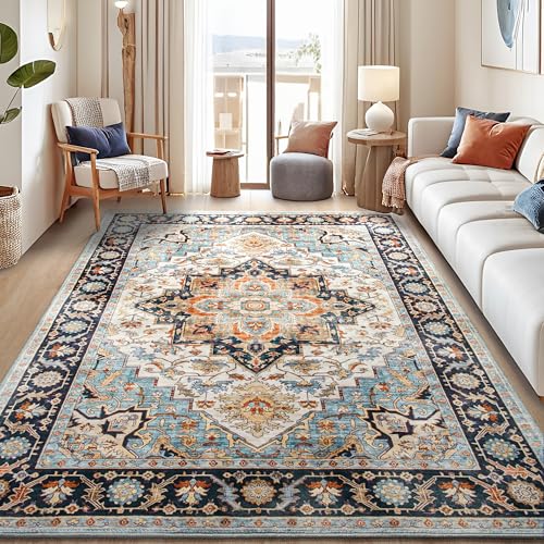 Foxmas 5x7 Area Rugs for Living Room, Machine Washable Vintage Rug, Non-Slip Low Pile Throw Rugs with Rubber Backing Washable Carpet for Bedroom Dining Room Kitchen Home Decor, Wood & Blue - color: Wood & Blue, size: 5' X 7' (Rectangular)