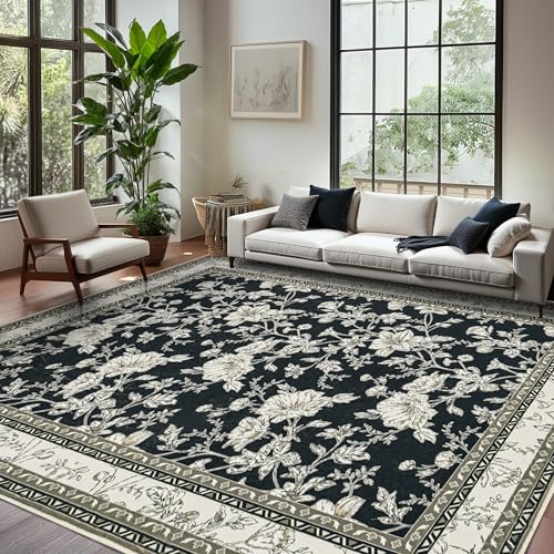 Black Floral Rug 5x7 Machine Washable Area Rug for Living Room Vintage Boho Farmhouse Low Pile Distressed Carpet for Dining Room, Bedroom Indoor Non-Slip Black Beige Taupe Flower Design Home Decor - color: Sketch Floral Black, size: 5' x 7' (Rectangular)