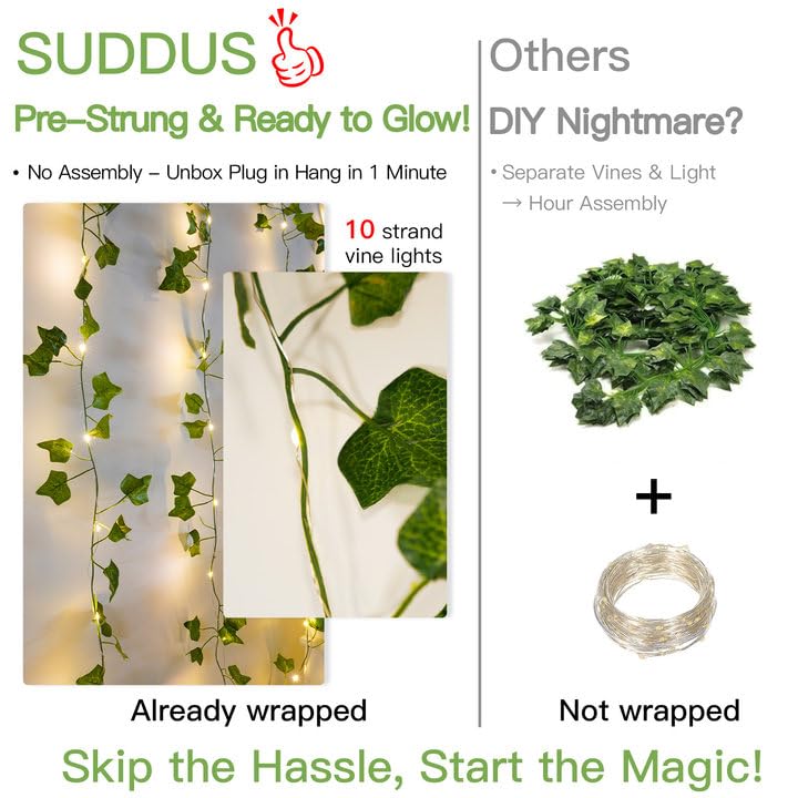 suddus 200 LED Vine with Light Plug in, 6.5ft x 6.5ft Ivy Fairy Curtain Lights with Remote, Leaf Fairy Lights for Wall,Bedroom, Dorm, Wedding, Party, Indoor Decor(Warm White) - color: Ivy, size: Plug In-200led