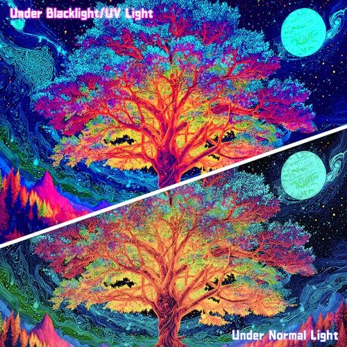 AOHMPT Blacklight Tree of Life Tapestry Trippy Fluorescent Wall Hanging Psychedelic Moon Mountain Glow in the Dark Galaxy Tapestries for Bedroom Decor, 79x59 In - color: Tree(2), size: 79"L x 59"W