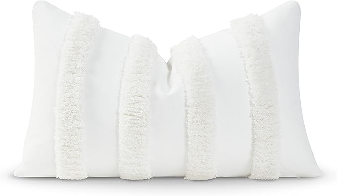 Hofdeco Premium Coastal Patio Tufted Indoor Outdoor Lumbar Pillow Cover Only, 12"x20" Water Resistant for Backyard, Couch, White Fluffy Stripes
