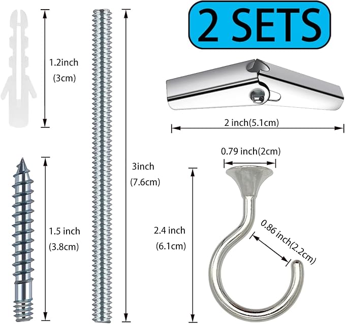 2 Sets Heavy Duty Swag Ceiling Hooks 2.4 Inch, Chrome Finish, Holds Up to 30lbs, for Hanging Plants & Lights, Easy Install on Wood, Concrete & Drywall (Chrome)