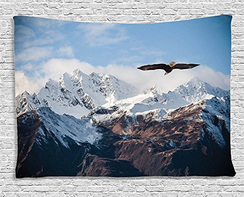 Ambesonne Mountain Tapestry, Frozen Peaks Tops of the Mountain with a Flying Eagle Free in Nature Photo, Wide Wall Hanging for Bedroom Living Room Dorm, 60" X 40", Brown White Blue - color: White Brown, size: 60"L x 40"W