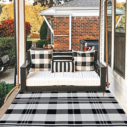 Buffalo Plaid Rug 4' x 6' Black and White Outtdoor Rug Cotton Hand-Woven Checkered Front Welcome Door Mat Indoor/Outdoor Area Rug for Front Porch,Kitchen,Bathroom,Entry Way,Living Room (4' x 6') - color: Black&white Plaid, size: 4' x 6' (Rectangular)