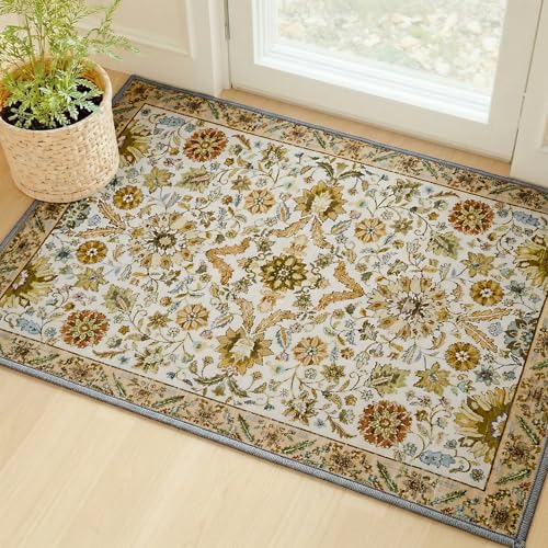 MINIDEAR 2x3 Area Rugs for Entryway Kitchen, Washable Rug Small Accent Rugs for Bedroom Non Slip Vintage Rug with Floral Print Thin Carpet Mat for Home, Daisy Tan - color: 03tan, size: 2' x 3' (Rectangular)