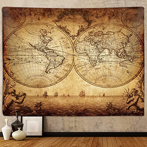 Old World Map Extra Large Tapestry for Bedroom, Vintage Nautical Maps of The World Art Tapestries Wall Hanging for Dorm Living Room Office Decor 90X70, Brown Pirate Treasure Map Poster Blanket - color: Map-1, size: 70"L x 90"W