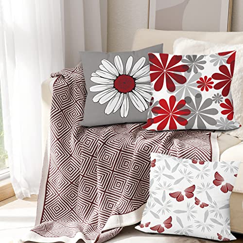 COMMINY Red Grey Pillow Covers 20x20 Set of 6, Daisy Flower Throw Pillow Cover Case Rustic Square Cushion Cover for Sofa Bedroom Living Room Farmhouse Home Decor - color: Red Grey Daisy, size: 20" x 20" (Pack of 6)