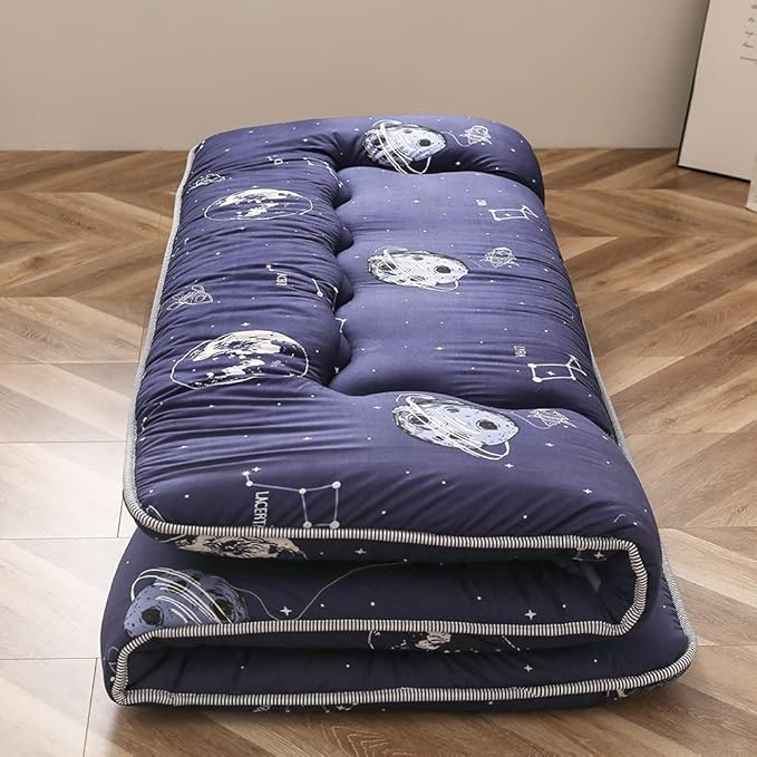 Navy Space Adventure Japanese Floor Futon Mattress, Thicken Tatami Mat Sleeping Pad Foldable Bed Roll Up Mattress Floor Lounger Bed Couches and Sofas for Kids Twin Size