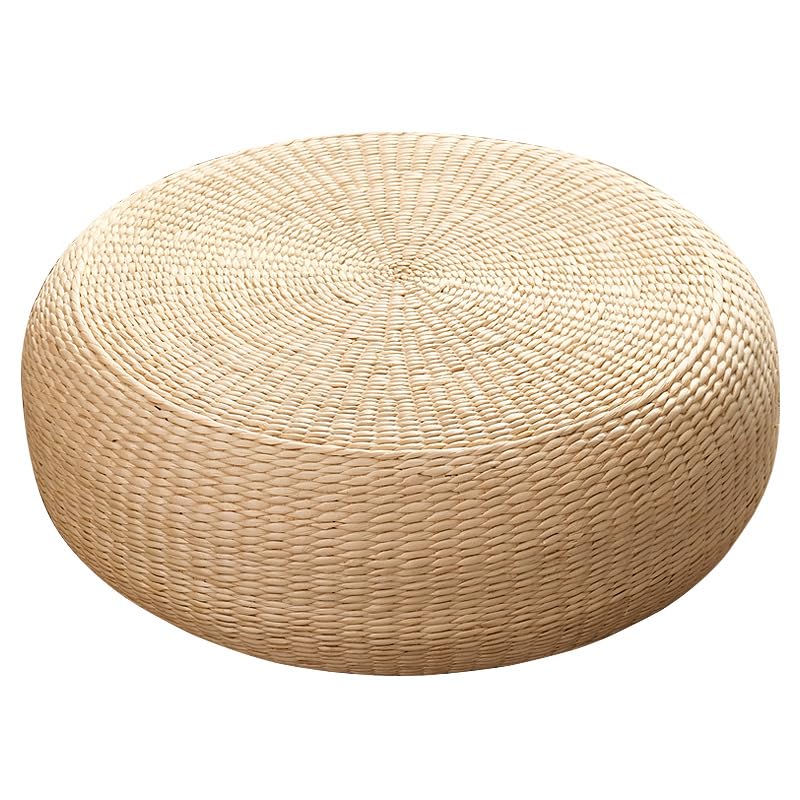 Hand Woven Round Floor Cushion 2 Piece Set, 15.75 Inch Natural Straw Pouf Ottoman, Boho Handmade Seat Footstool for Living Room Bedroom Patio