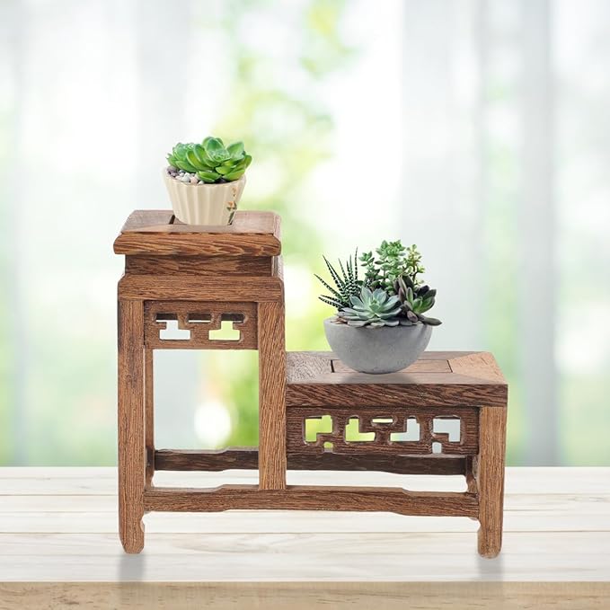 DOITOOL Wooden Plant Stand Indoor 2 Tier Wood Plant Shelf Wooden Planter Risers Flower Stand Vintage Display Planter Display Figurine Display Base for Home Garden