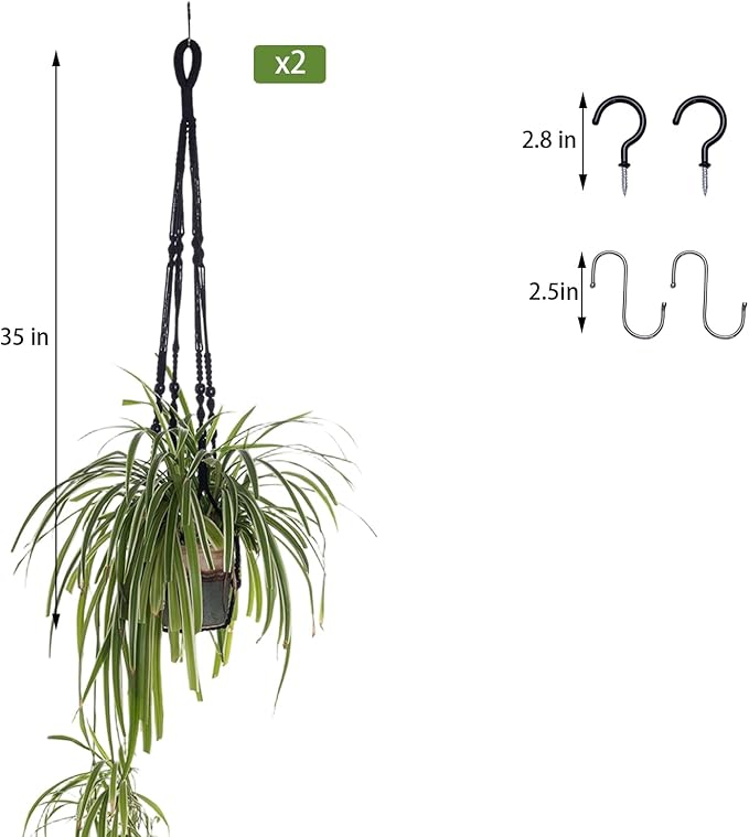 2 Pack Macrame Plant Hanger Indoor, Indoor Outdoor Hanging Planter Basket Decorative with 4 Hooks, Flower Pot Holder for Boho Home Decor (Black)