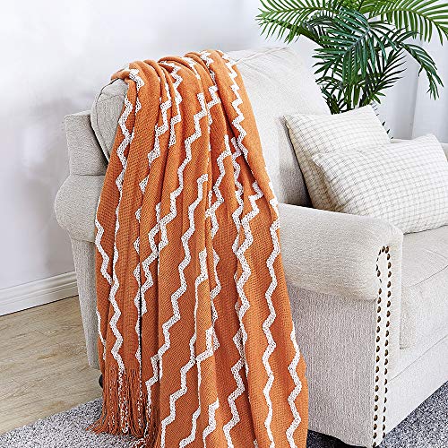 BOURINA Fluffy Chenille Knitted Fringe Throw Blanket Lightweight Soft Cozy for Bed Sofa Chair Throw Blankets, Orange 60"x80" - color: A-orange, size: 60"×80"