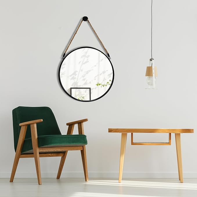 POZINO Round Mirror, 15" Rope Hanging Mirror, Farmhouse Circle Mirrors, Black Metal Frame Wall Mirrors for Bathroom, Bedroom, Living Room, Entryway, Fireplace, Home Decor
