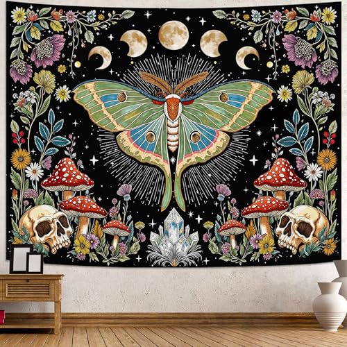Accnicc Moth Tapestry Boho Mushroom Hippie Skull Wall Tapestry for Bedroom Aesthetic Vintage Floral Plant Moon Phase Large Tapestries Wall Hanging for Dorm Living Room Decor 80 x 60 Inch - color: Green Black, size: 80"L x 60"W