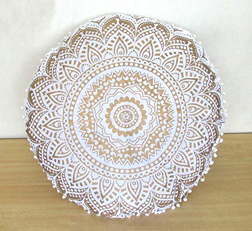 32" Gold Mandala Barmeri Large Floor Pillow Cover Cushion Meditation Seating Ottoman Throw Cover Hippie Decorative Zipped Bohemian Pouf Ottoman Poufs, Pom Pom Pillow Cases (White Gold, 32" Round) - color: White Gold, size: 32" Round