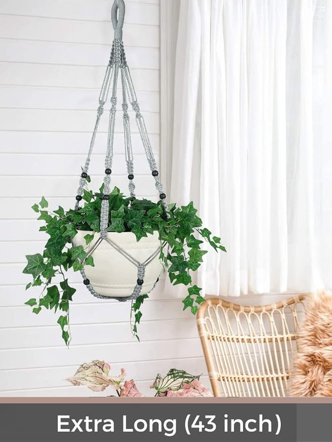 43 Inches Macrame Planter Hanger Large for 12 inch Pot + Swag Hook (Extra Long & Big) | Large Hanging Planter for Indoor Plants | No Tassel, Cotton Rope, No Pot/Plant Included (XL)