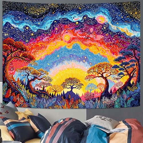 Spenlife Nebula Sunrise Forest Wall Tapestry, Trippy Colorful Sky Tapestries for Bedroom Decor, Dreamlike Tapestry 60x44 Inch - color: Blue, size: 60"L x 44"W