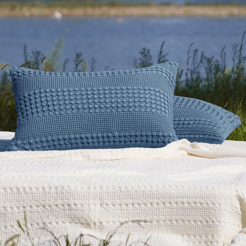PHF 100% Cotton Waffle Pillow Shams Standard Size, 2 Pack 20" x 26" Soft Skin-Friendly Pillowcases, No Filling, Aesthetic Woven and Breathable Waffle Weave Pillow Case Covers for Bed, Denim Blue - color: Denim Blue, size: 26" x 20" (Pack of 2)