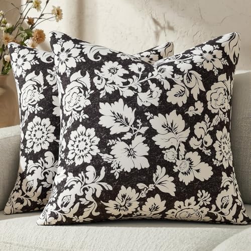 Floral Throw Pillow Covers 16x16：Black Vintage Floral Throw Pillows Decorative Covers Patterned 100% Cotton Accent Modern Farmhouse Neutral Covers for Couch Sofa Bed Living Room Pillowcases Pack of 2 - color: Sf-black, size: 16" x 16" (Pack of 2)